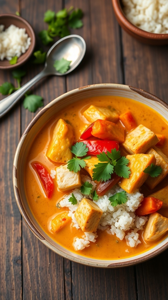 A bowl of quick curry with coconut milk, mixed vegetables, and protein, garnished with cilantro, served with rice.